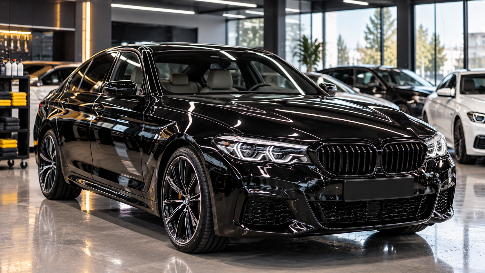 Gepflegte schwarze Limousine im Showroom vor dem Fahrzeugverkauf