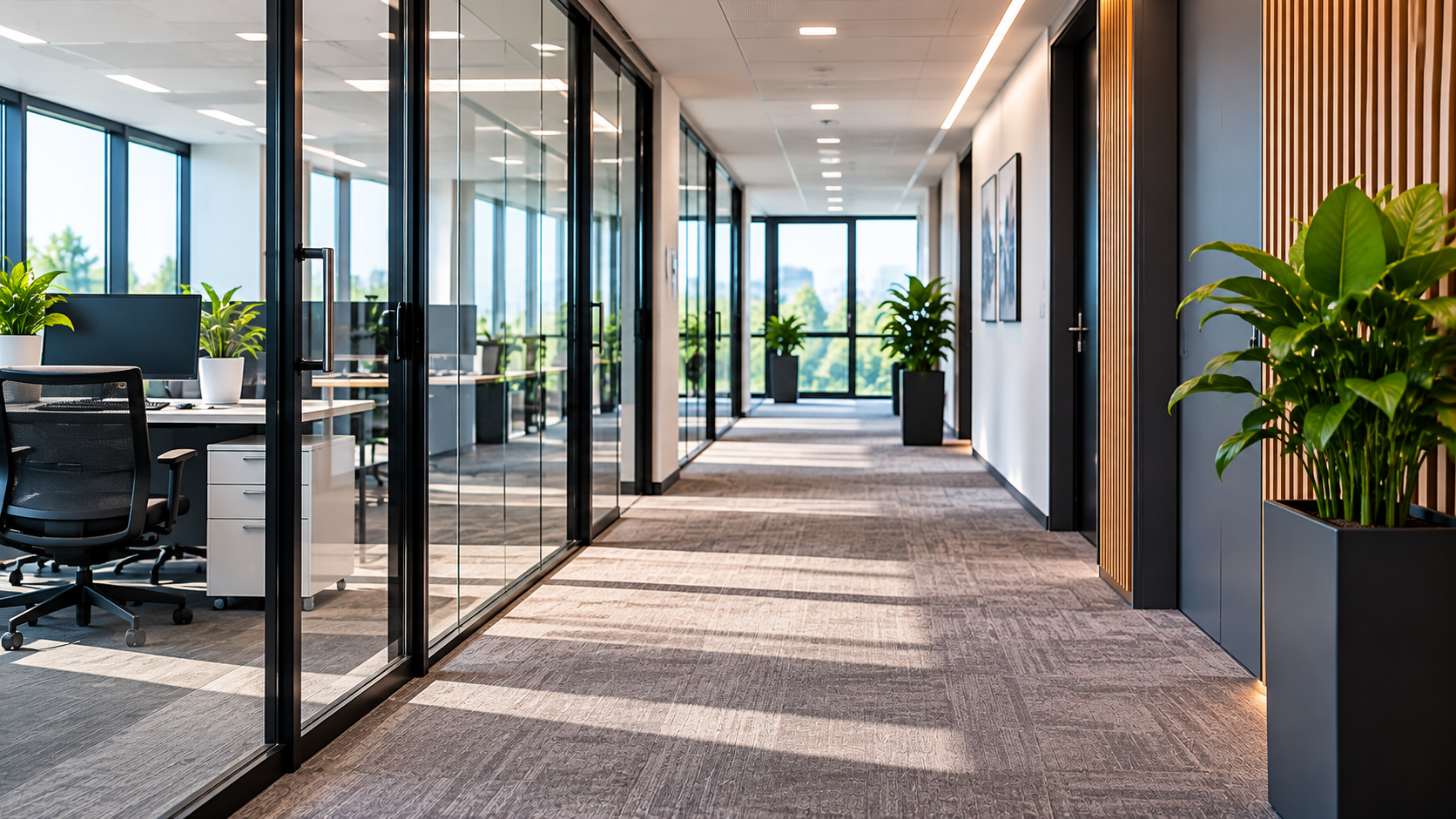 Heller moderner Büroflur mit Glaswänden, Teppichboden und Pflanzen