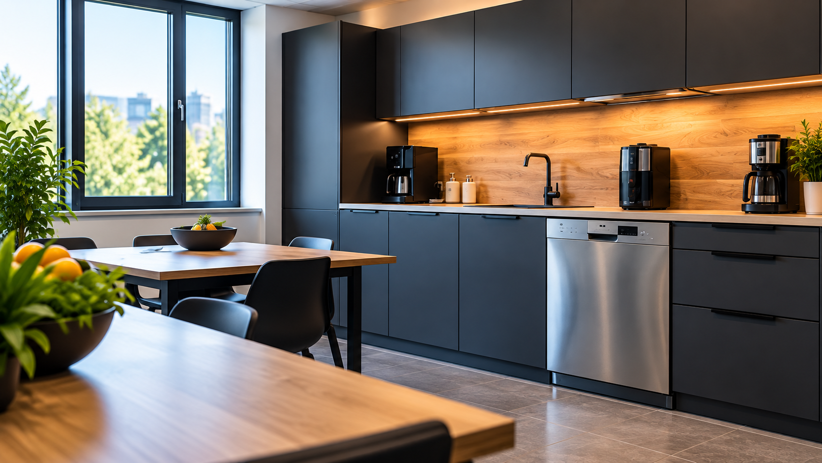 Moderne Büroküche mit Esstisch, Kaffeemaschinen und warm beleuchteter Holzrückwand
