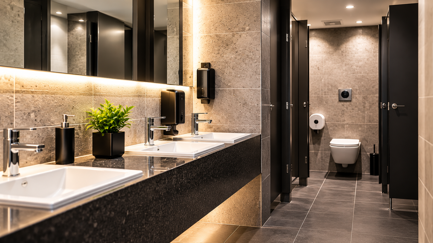 Modernes Sanitär mit Waschbecken, Spiegeln und WC-Kabinen
