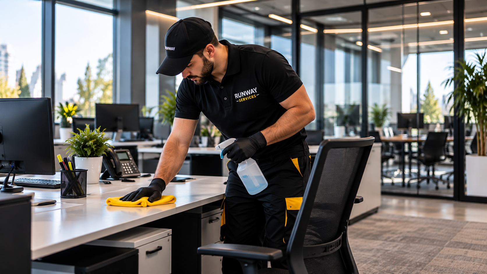 RUNWAY SERVICES Mitarbeiter bei der Reinigung eines Büroarbeitsplatzes