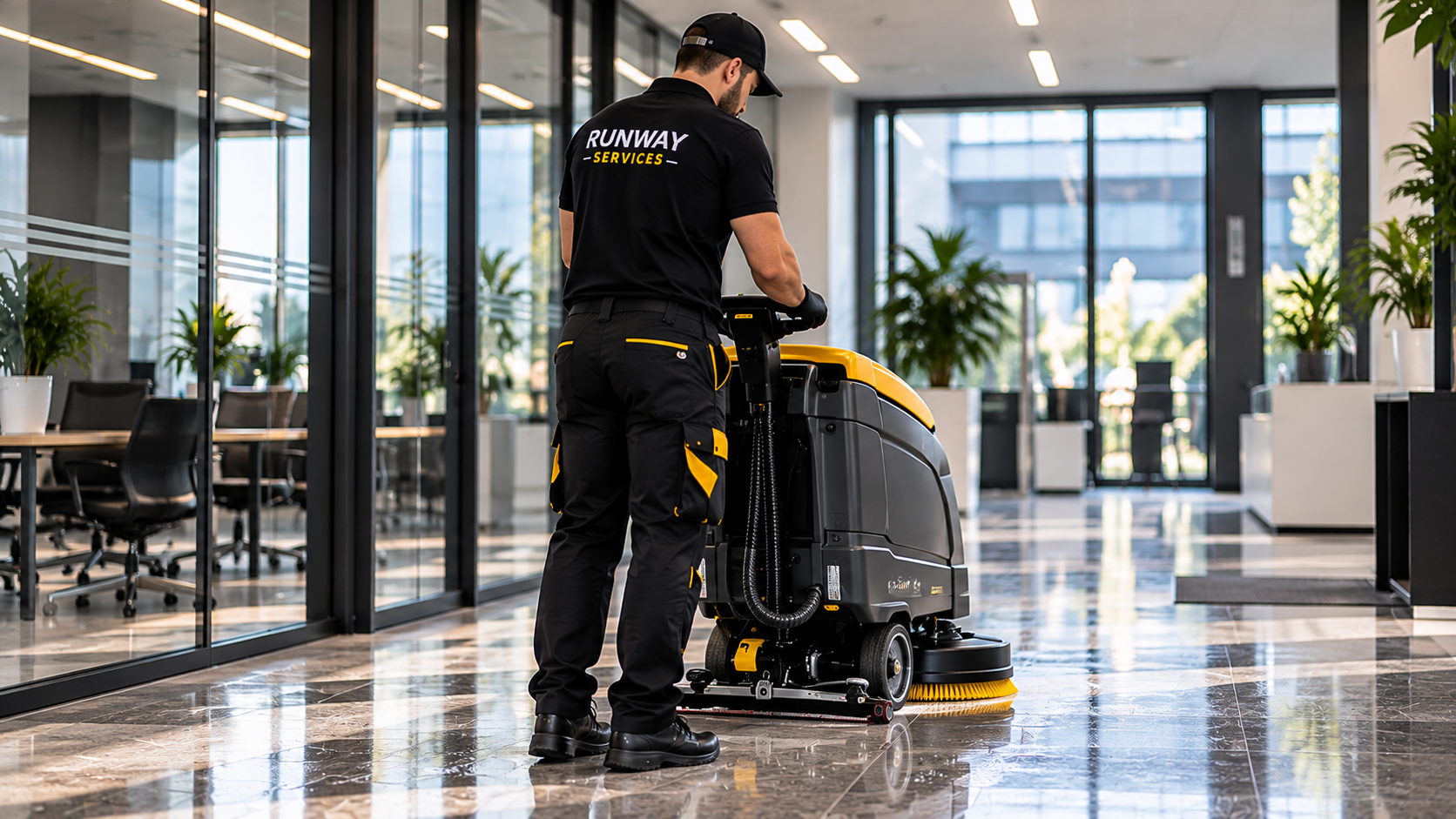 RUNWAY SERVICES Mitarbeiter bei der maschinellen Bodenreinigung in einem Büro