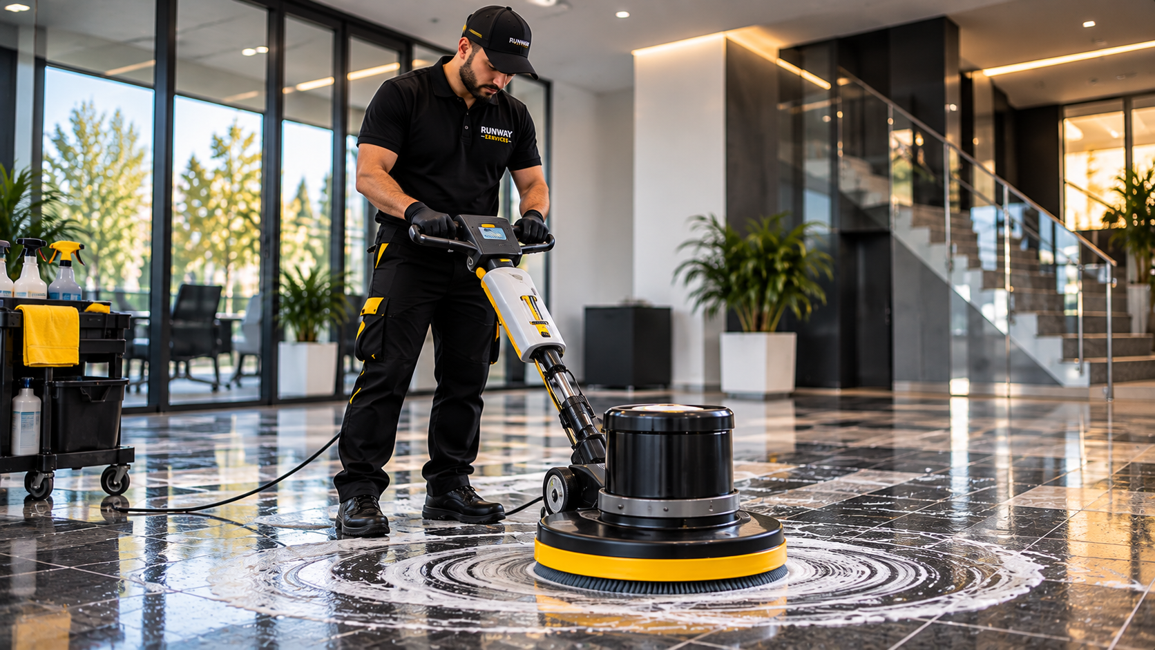 RUNWAY SERVICES Mitarbeiter führt eine intensive Bodenreinigung im Lobbybereich durch