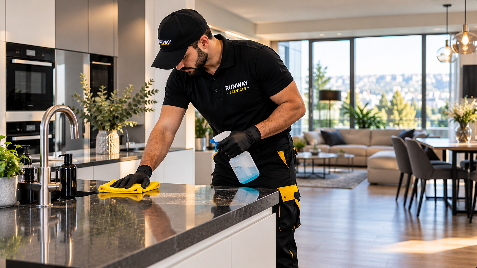 RUNWAY SERVICES Mitarbeiter reinigt eine Küchenarbeitsplatte in einer Wohnung