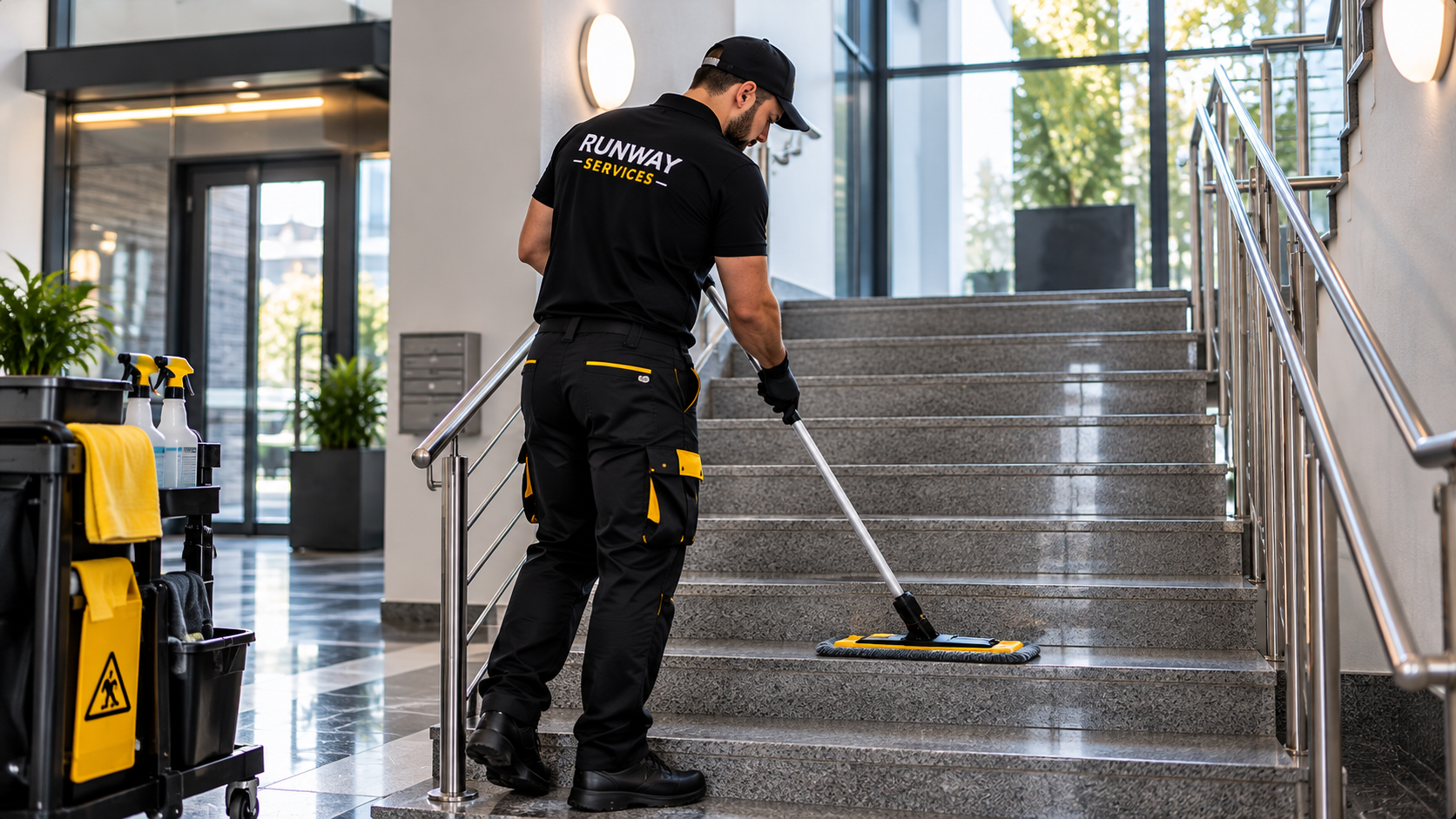 RUNWAY SERVICES Mitarbeiter wischt die Treppen in einem modernen Treppenhaus